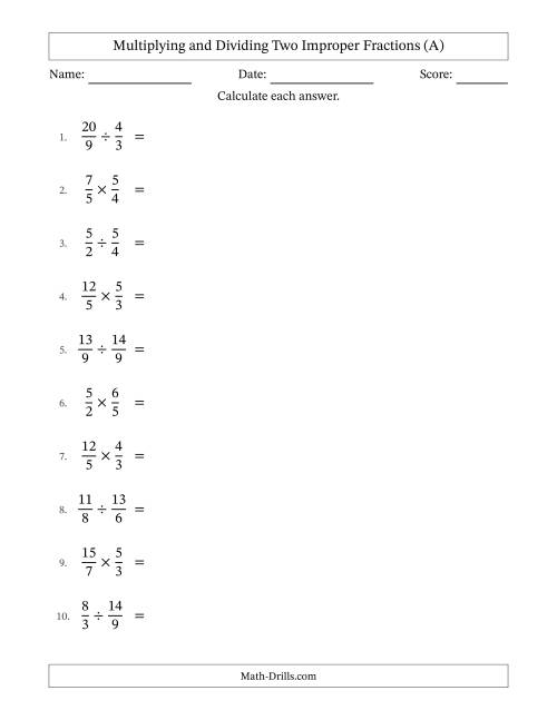 The Multiplying and Dividing Two Improper Fractions with All Simplifying (All) Math Worksheet