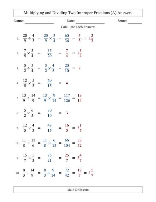 The Multiplying and Dividing Two Improper Fractions with All Simplifying (All) Math Worksheet Page 2
