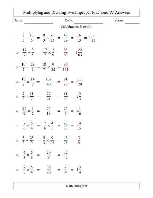 The Multiplying and Dividing Two Improper Fractions with Some Simplifying (A) Math Worksheet Page 2