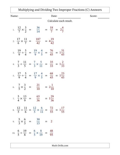 The Multiplying and Dividing Two Improper Fractions with Some Simplifying (C) Math Worksheet Page 2