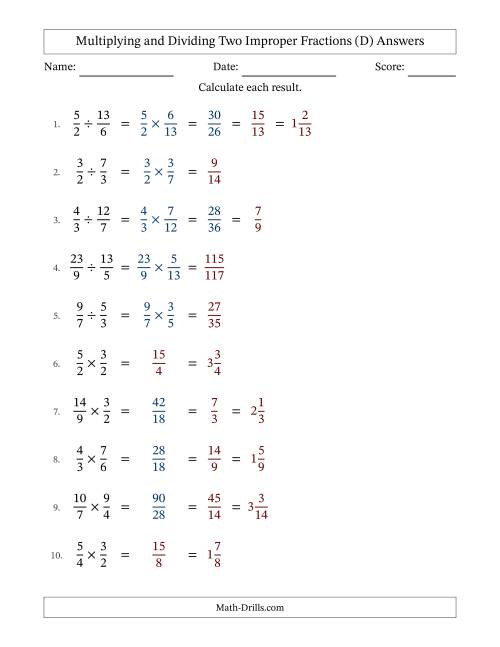 The Multiplying and Dividing Two Improper Fractions with Some Simplifying (D) Math Worksheet Page 2