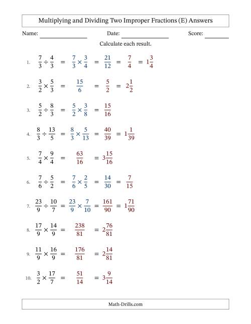 The Multiplying and Dividing Two Improper Fractions with Some Simplifying (E) Math Worksheet Page 2