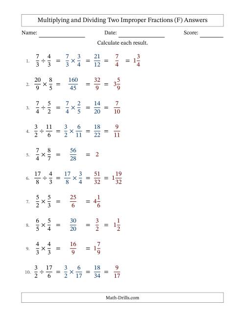 The Multiplying and Dividing Two Improper Fractions with Some Simplifying (F) Math Worksheet Page 2