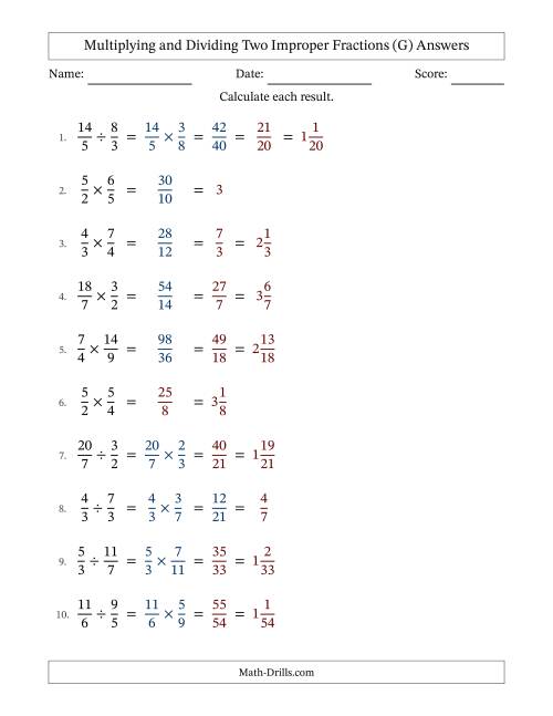 The Multiplying and Dividing Two Improper Fractions with Some Simplifying (G) Math Worksheet Page 2