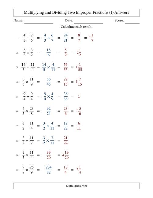 The Multiplying and Dividing Two Improper Fractions with Some Simplifying (I) Math Worksheet Page 2