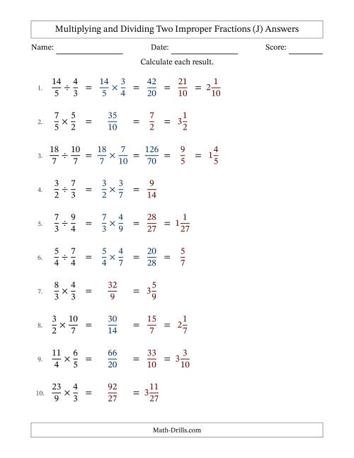 The Multiplying and Dividing Two Improper Fractions with Some Simplifying (J) Math Worksheet Page 2
