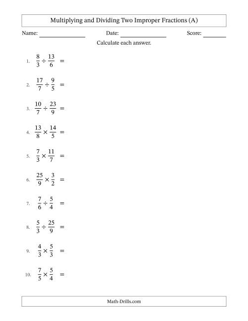 The Multiplying and Dividing Two Improper Fractions with Some Simplifying (All) Math Worksheet