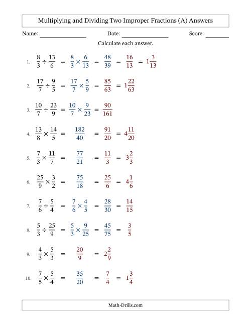 The Multiplying and Dividing Two Improper Fractions with Some Simplifying (All) Math Worksheet Page 2