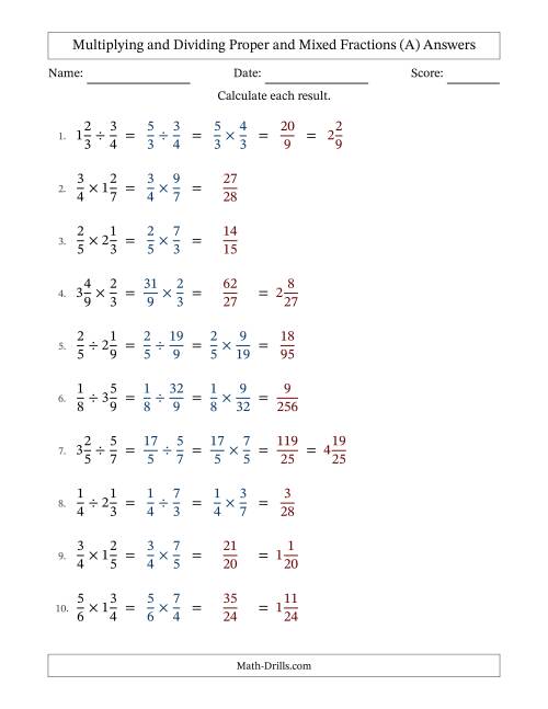 The Multiplying and Dividing Proper and Mixed Fractions with No Simplifying (A) Math Worksheet Page 2