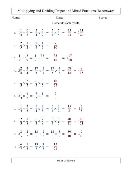 The Multiplying and Dividing Proper and Mixed Fractions with No Simplifying (B) Math Worksheet Page 2