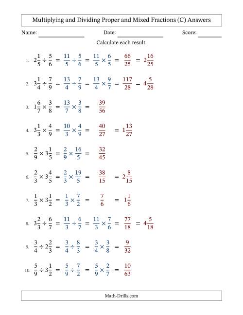 The Multiplying and Dividing Proper and Mixed Fractions with No Simplifying (C) Math Worksheet Page 2