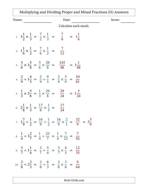 The Multiplying and Dividing Proper and Mixed Fractions with No Simplifying (D) Math Worksheet Page 2