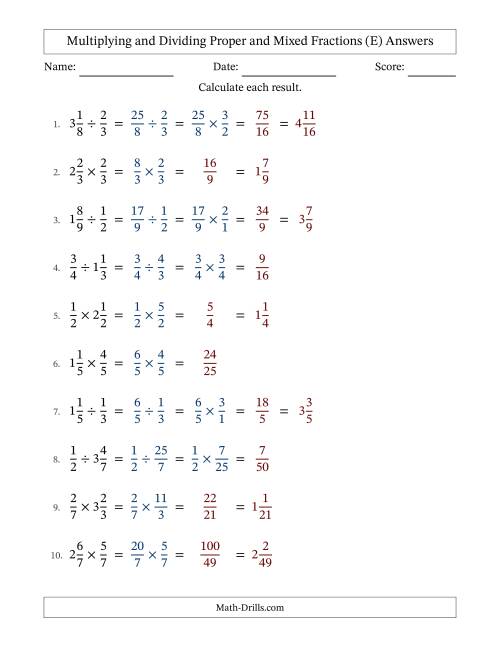 The Multiplying and Dividing Proper and Mixed Fractions with No Simplifying (E) Math Worksheet Page 2