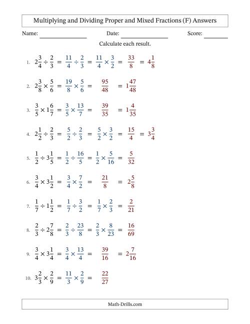 The Multiplying and Dividing Proper and Mixed Fractions with No Simplifying (F) Math Worksheet Page 2