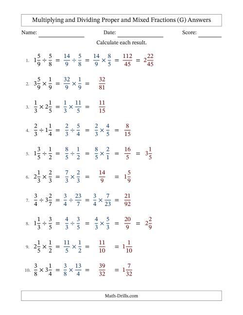 The Multiplying and Dividing Proper and Mixed Fractions with No Simplifying (G) Math Worksheet Page 2