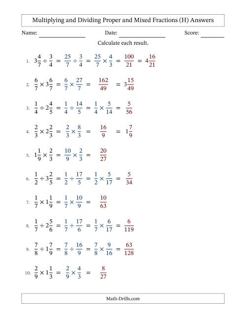 The Multiplying and Dividing Proper and Mixed Fractions with No Simplifying (H) Math Worksheet Page 2