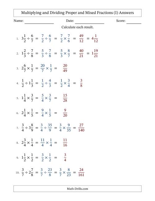 The Multiplying and Dividing Proper and Mixed Fractions with No Simplifying (I) Math Worksheet Page 2
