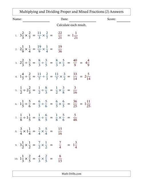 The Multiplying and Dividing Proper and Mixed Fractions with No Simplifying (J) Math Worksheet Page 2