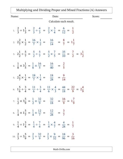 The Multiplying and Dividing Proper and Mixed Fractions with All Simplifying (A) Math Worksheet Page 2