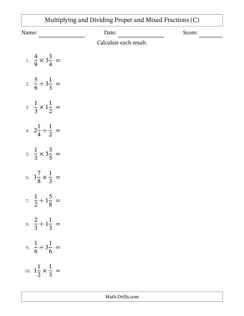 The Multiplying and Dividing Proper and Mixed Fractions with All Simplifying (C) Math Worksheet