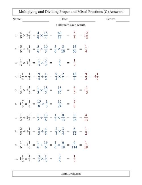 The Multiplying and Dividing Proper and Mixed Fractions with All Simplifying (C) Math Worksheet Page 2