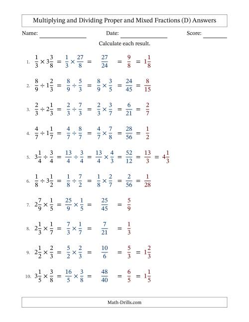The Multiplying and Dividing Proper and Mixed Fractions with All Simplifying (D) Math Worksheet Page 2