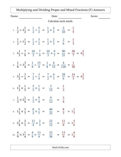 The Multiplying and Dividing Proper and Mixed Fractions with All Simplifying (F) Math Worksheet Page 2