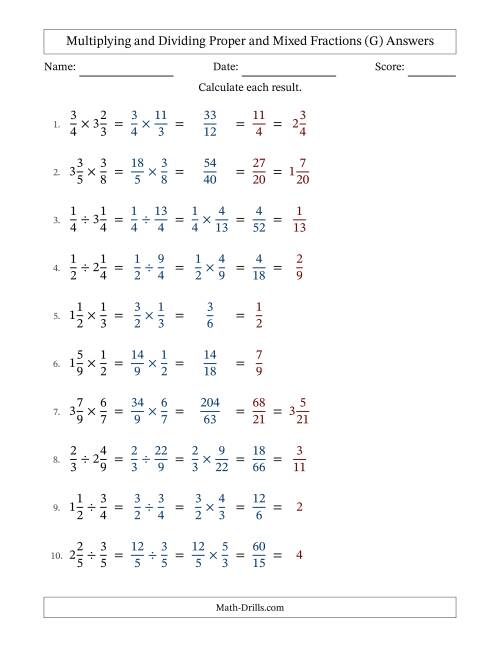 The Multiplying and Dividing Proper and Mixed Fractions with All Simplifying (G) Math Worksheet Page 2