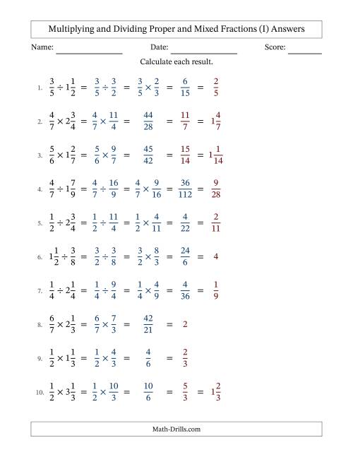 The Multiplying and Dividing Proper and Mixed Fractions with All Simplifying (I) Math Worksheet Page 2