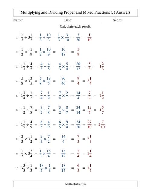 The Multiplying and Dividing Proper and Mixed Fractions with All Simplifying (J) Math Worksheet Page 2