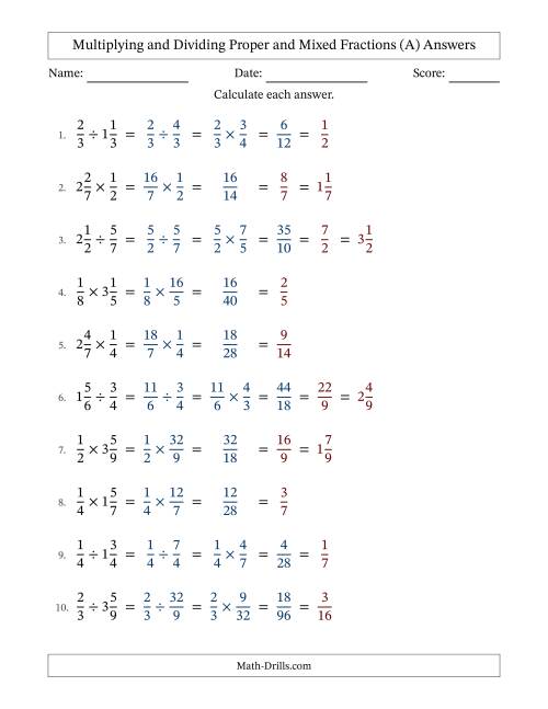 The Multiplying and Dividing Proper and Mixed Fractions with All Simplifying (All) Math Worksheet Page 2