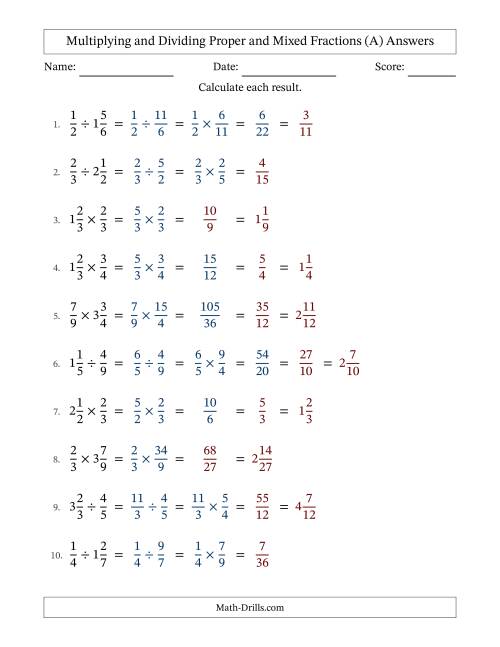 The Multiplying and Dividing Proper and Mixed Fractions with Some Simplifying (A) Math Worksheet Page 2