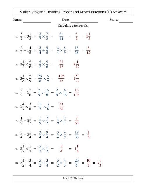 The Multiplying and Dividing Proper and Mixed Fractions with Some Simplifying (B) Math Worksheet Page 2