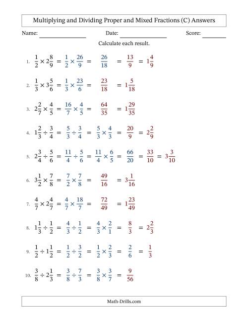 The Multiplying and Dividing Proper and Mixed Fractions with Some Simplifying (C) Math Worksheet Page 2