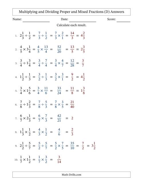 The Multiplying and Dividing Proper and Mixed Fractions with Some Simplifying (D) Math Worksheet Page 2