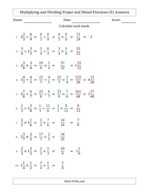 The Multiplying and Dividing Proper and Mixed Fractions with Some Simplifying (E) Math Worksheet Page 2