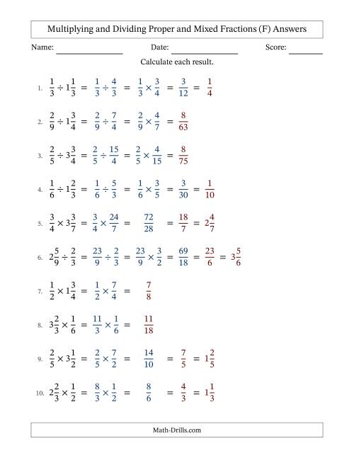 The Multiplying and Dividing Proper and Mixed Fractions with Some Simplifying (F) Math Worksheet Page 2