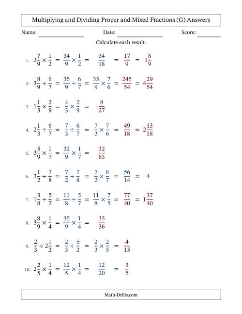 The Multiplying and Dividing Proper and Mixed Fractions with Some Simplifying (G) Math Worksheet Page 2
