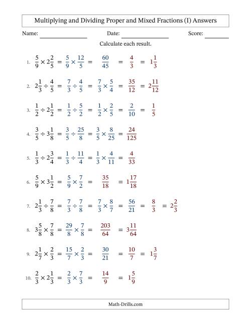 The Multiplying and Dividing Proper and Mixed Fractions with Some Simplifying (I) Math Worksheet Page 2
