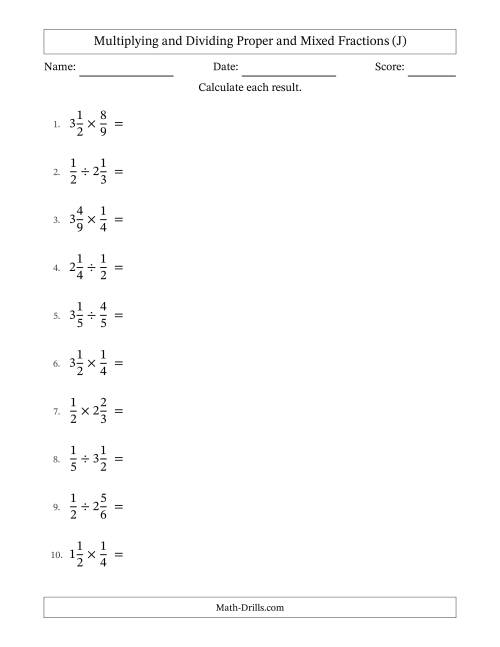The Multiplying and Dividing Proper and Mixed Fractions with Some Simplifying (J) Math Worksheet