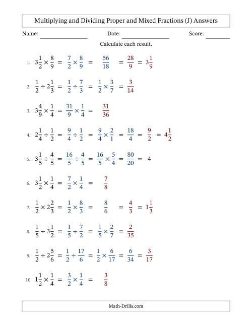 The Multiplying and Dividing Proper and Mixed Fractions with Some Simplifying (J) Math Worksheet Page 2