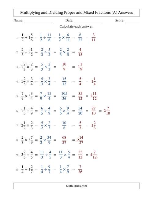 The Multiplying and Dividing Proper and Mixed Fractions with Some Simplifying (All) Math Worksheet Page 2