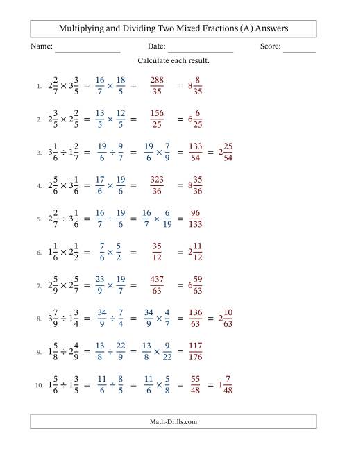 The Multiplying and Dividing Two Mixed Fractions with No Simplifying (A) Math Worksheet Page 2