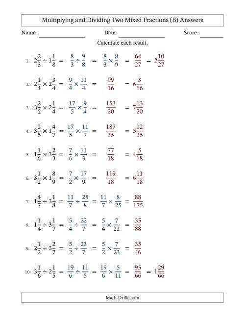 The Multiplying and Dividing Two Mixed Fractions with No Simplifying (B) Math Worksheet Page 2