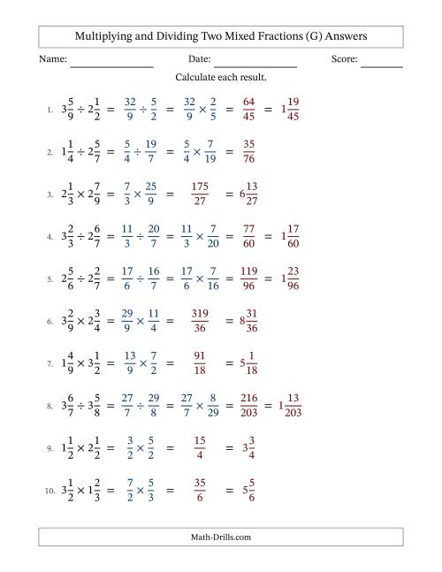 The Multiplying and Dividing Two Mixed Fractions with No Simplifying (G) Math Worksheet Page 2