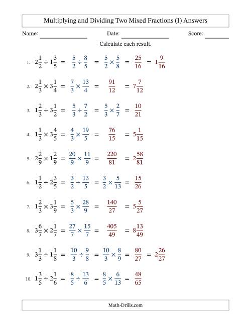 The Multiplying and Dividing Two Mixed Fractions with No Simplifying (I) Math Worksheet Page 2