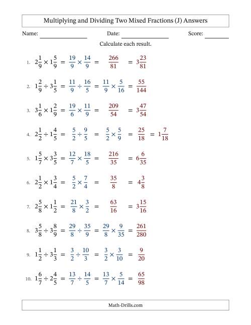 The Multiplying and Dividing Two Mixed Fractions with No Simplifying (J) Math Worksheet Page 2