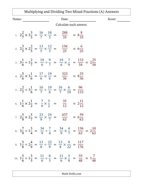 The Multiplying and Dividing Two Mixed Fractions with No Simplifying (All) Math Worksheet Page 2