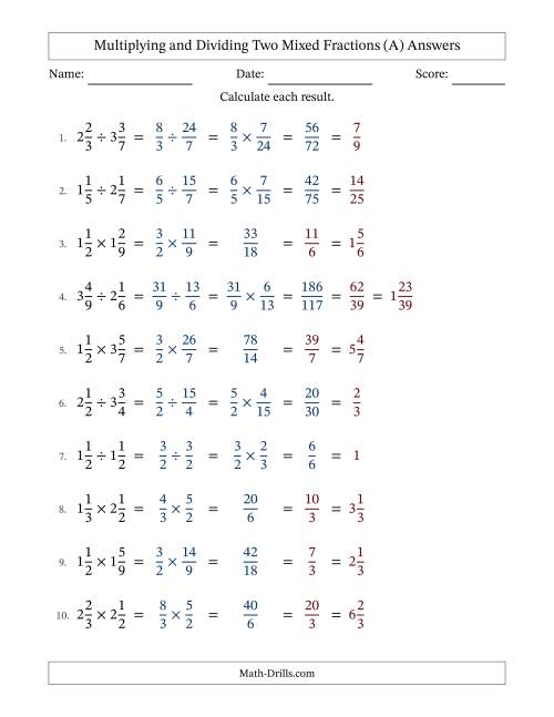 The Multiplying and Dividing Two Mixed Fractions with All Simplifying (A) Math Worksheet Page 2