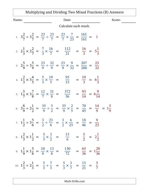 The Multiplying and Dividing Two Mixed Fractions with All Simplifying (B) Math Worksheet Page 2